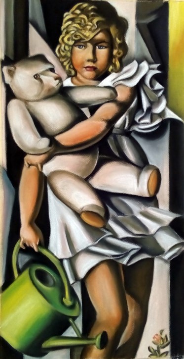 Copia "Kizette, con su oso y su jardinera" de Tamara Lempika