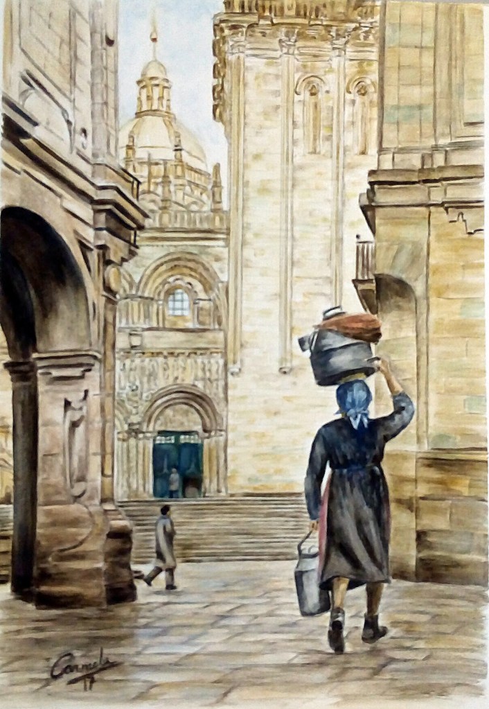 Lechera compostelana entrando en Platerías