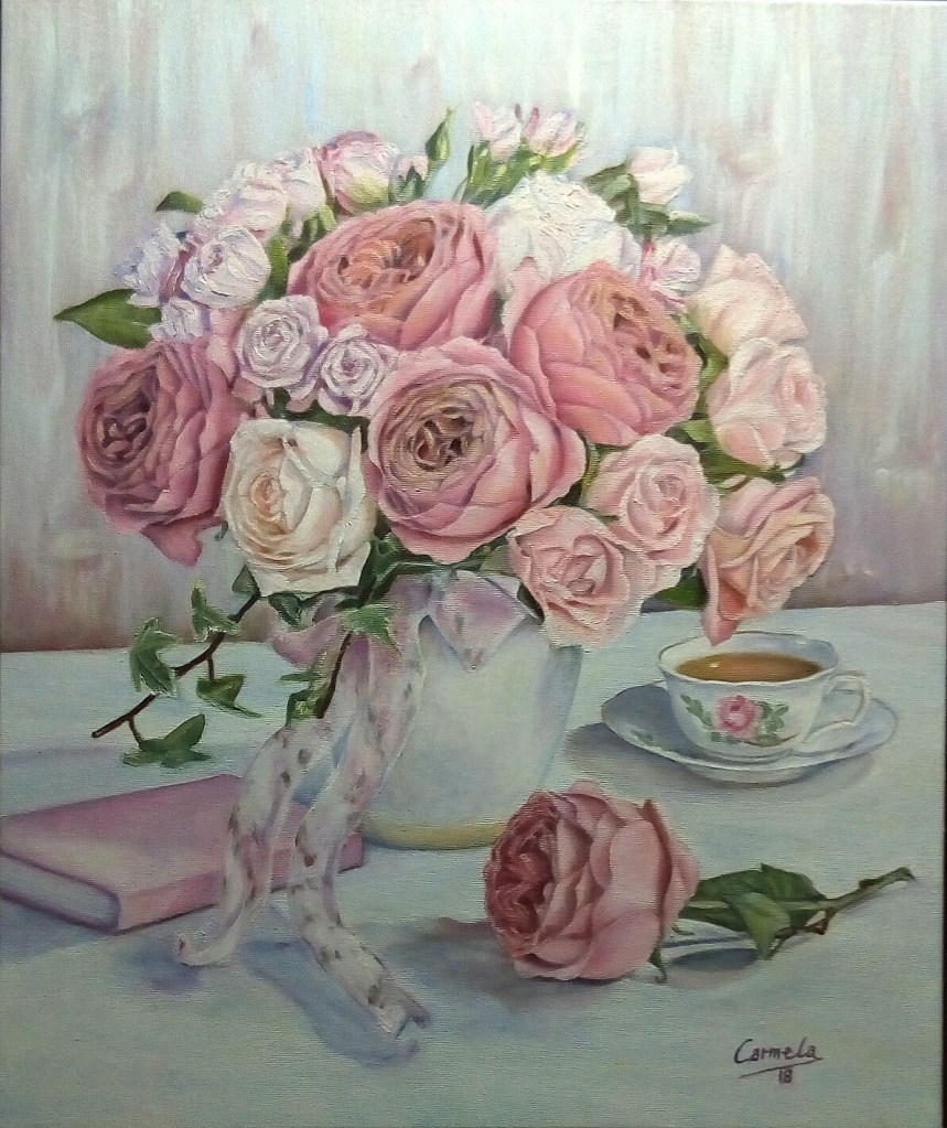 Jarrón con peonías y rosas