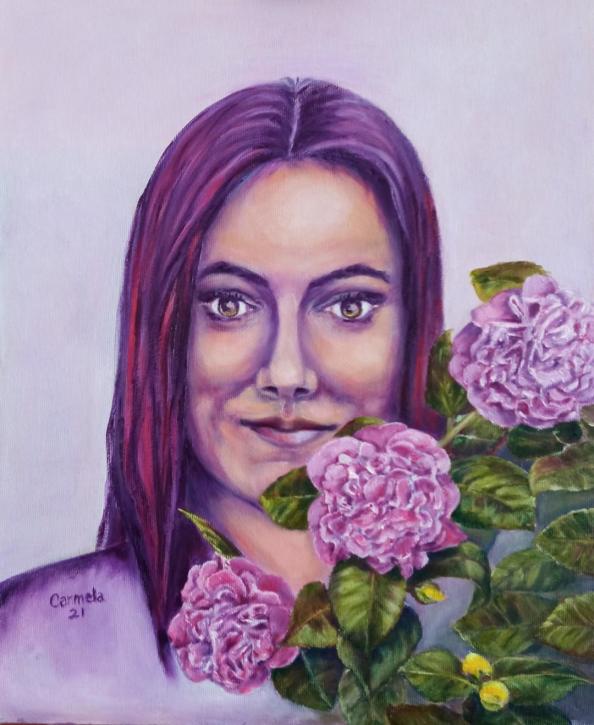 Rostro de mujer con tres camelias